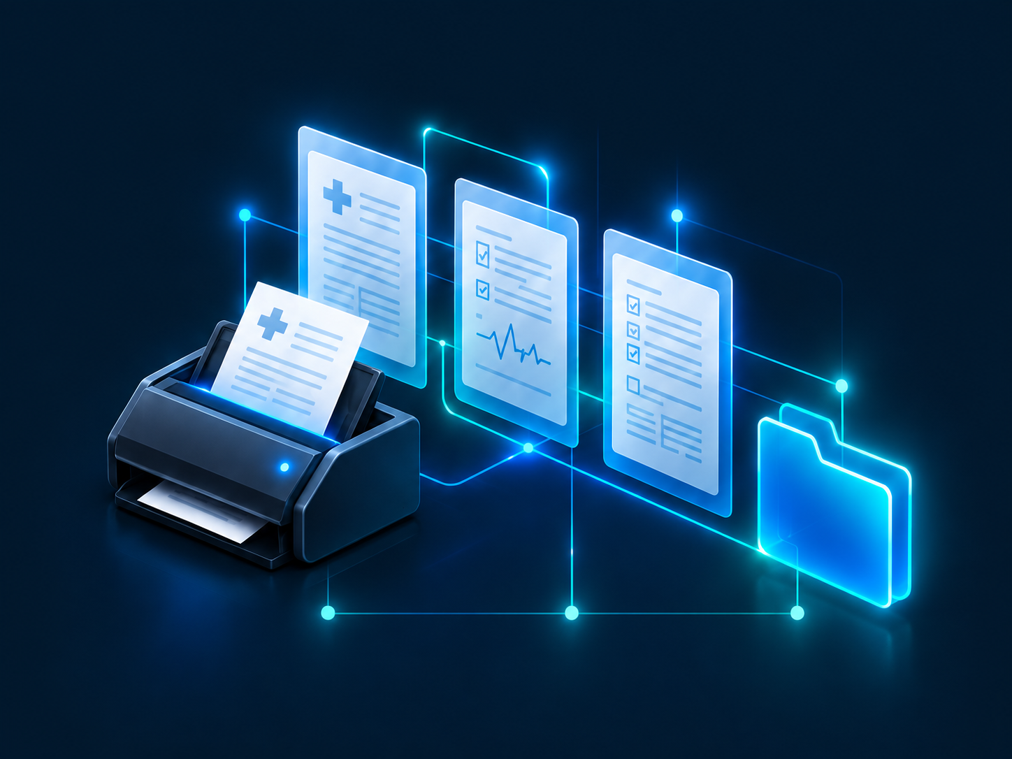 Illustration of health documents being captured and optimized for import into a destination workflow
